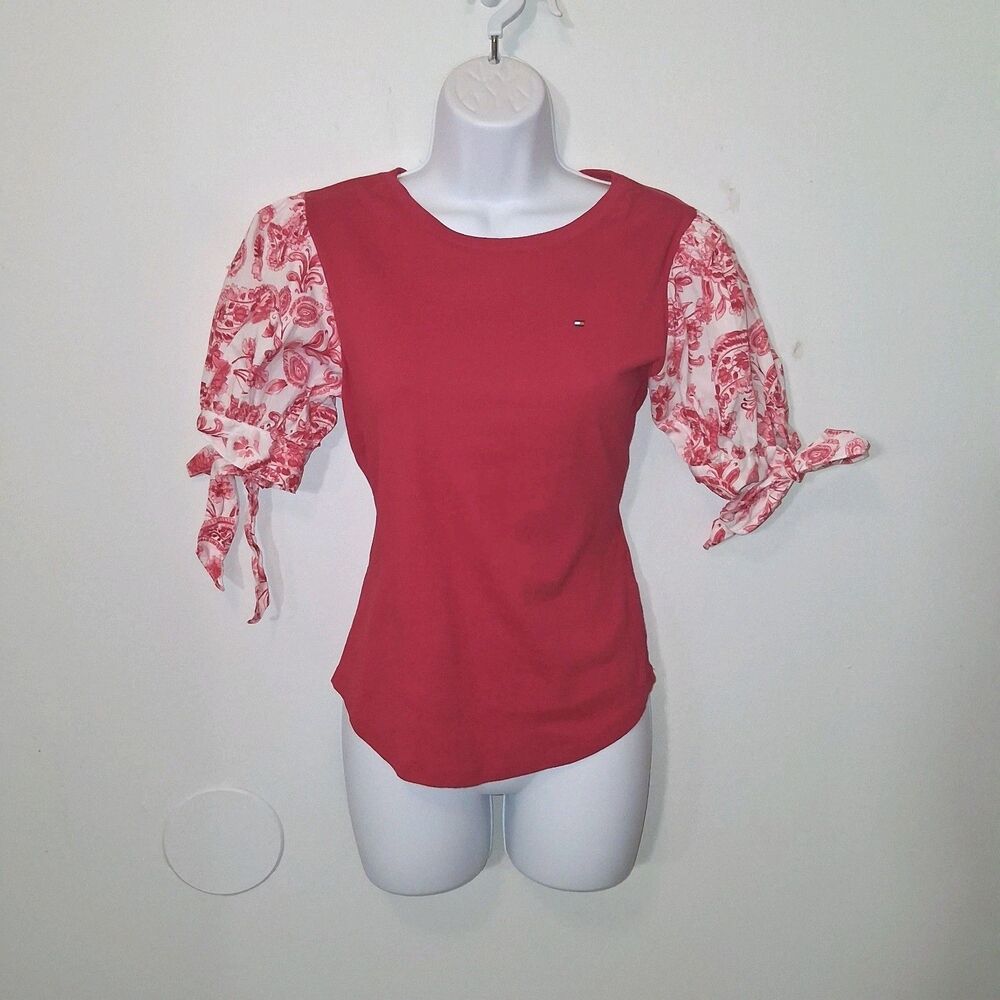 100% Cotton Floral Paisley Puff Bow Sleeve Top Sz S Prairie Country Casual